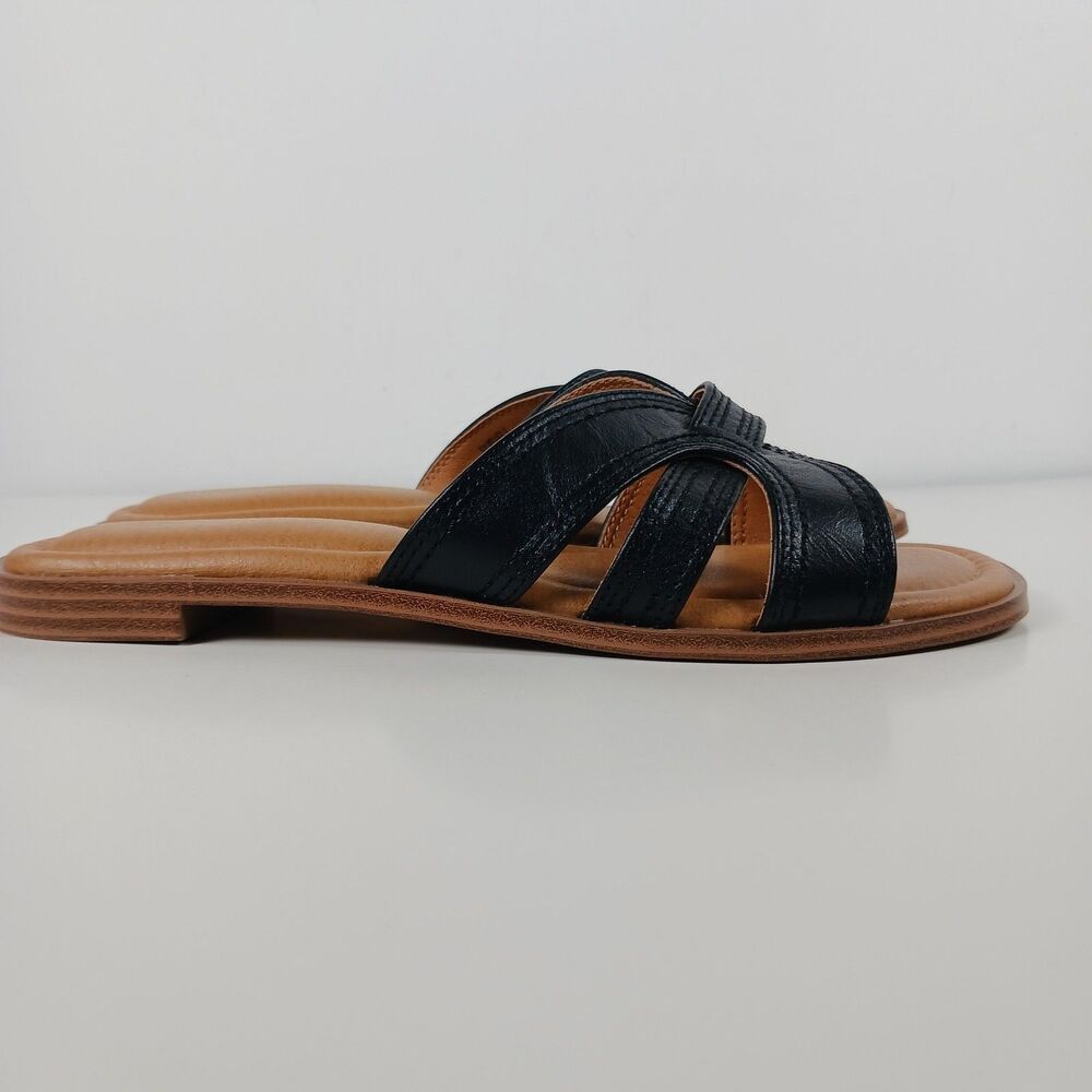 Crown Vintage Belizz Leather Sandals Womens Size 7 Slip On Flats Black New Comfy